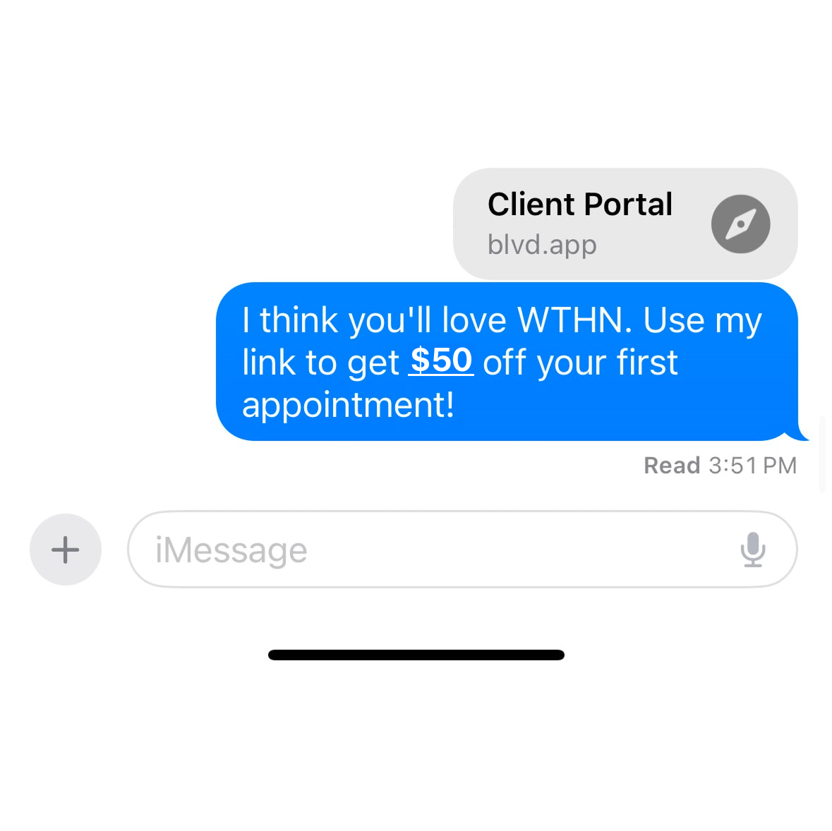 Refer a friend iMessage share example, $50