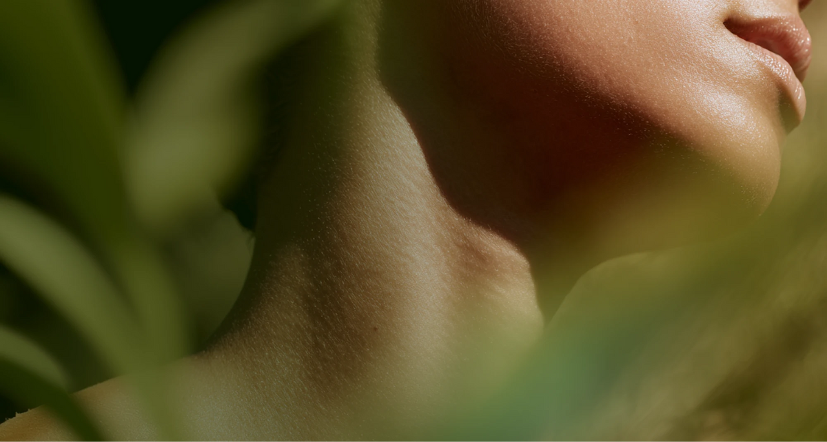 Close-up of skin and neck through soft green foliage